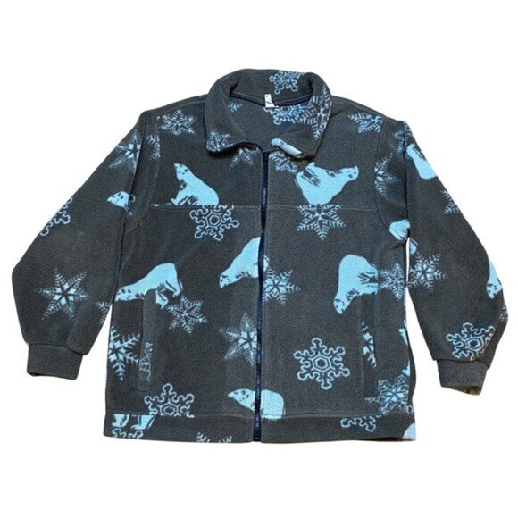 Vintage 90s Winter Fleece Jacket Polartec AOP Brown Polar Bear Snowflake Print Z - Picture 1 of 7